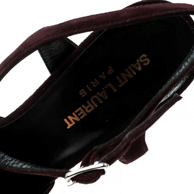 Pre Owned Saint Laurent Paris Dark Brown Suede Candy Ankle Strap Platform Sandals Size 37.5