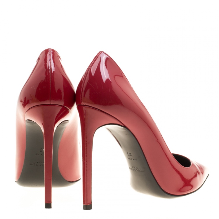 Pre Owned Saint Laurent Paris Red Patent Leather Paris Skinny Pointed Toe Pumps Size 39