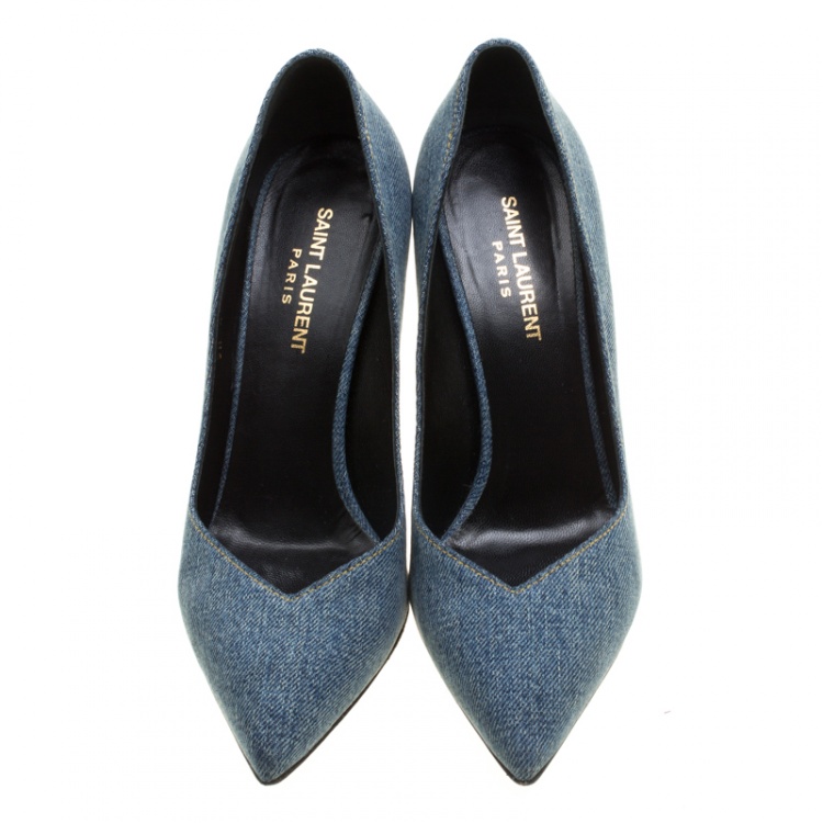 Pre Owned Saint Laurent Paris Light Wash Denim Skinny Pointed Toe Pumps Size 38