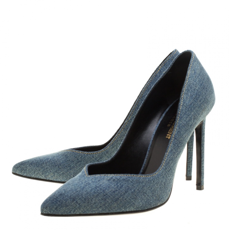 Pre Owned Saint Laurent Paris Light Wash Denim Skinny Pointed Toe Pumps Size 38