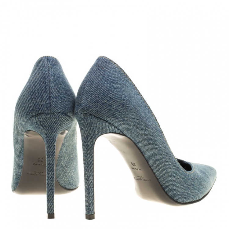 Pre Owned Saint Laurent Paris Light Wash Denim Skinny Pointed Toe Pumps Size 38