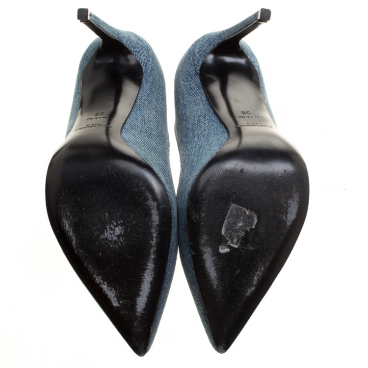 Pre Owned Saint Laurent Paris Light Wash Denim Skinny Pointed Toe Pumps Size 38