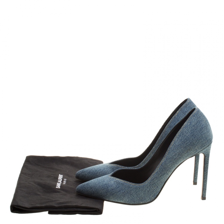 Pre Owned Saint Laurent Paris Light Wash Denim Skinny Pointed Toe Pumps Size 38