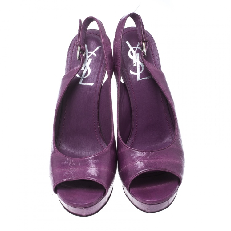 Pre Owned Saint Laurent Paris Purple Eel Skin Leather Peep Toe Platform Slingback Sandals Size 36
