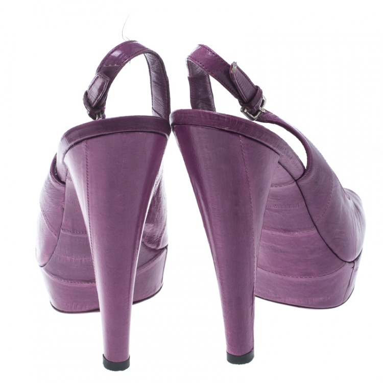Pre Owned Saint Laurent Paris Purple Eel Skin Leather Peep Toe Platform Slingback Sandals Size 36
