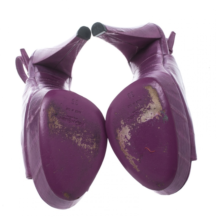 Pre Owned Saint Laurent Paris Purple Eel Skin Leather Peep Toe Platform Slingback Sandals Size 36