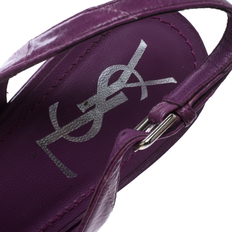 Pre Owned Saint Laurent Paris Purple Eel Skin Leather Peep Toe Platform Slingback Sandals Size 36