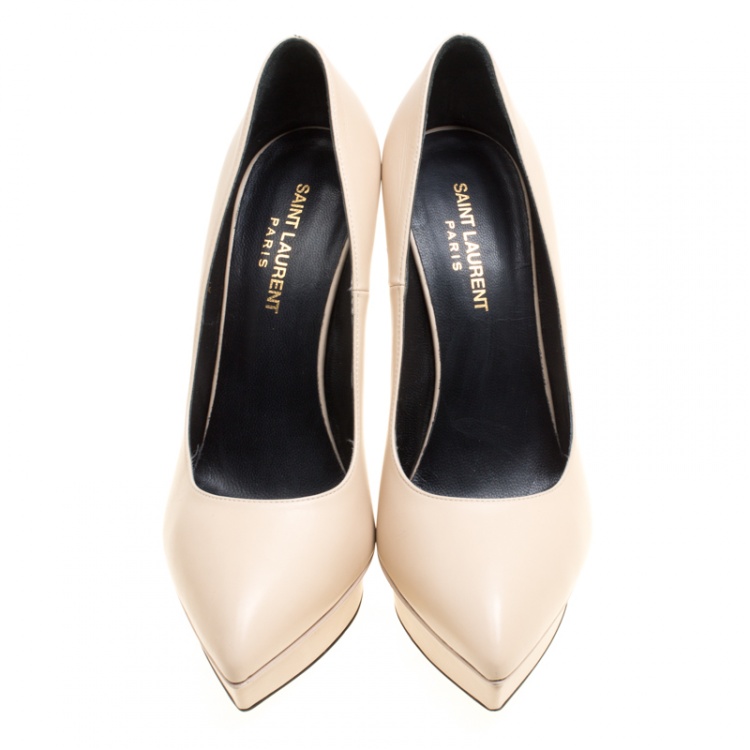 مملوكة مسبقًا Saint Laurent Paris Cream Leather Janis 105 Platform Pumps Size 39