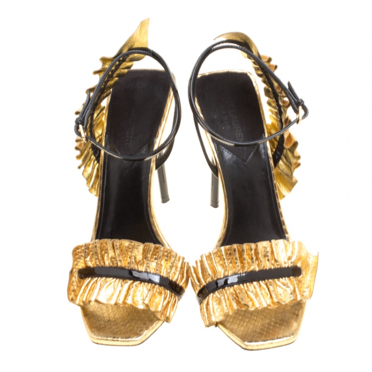 Pre Owned Saint Laurent Paris Metallic Gold Embossed Python Leather Edie Ruffle Detail Ankle Strap Sandals Size 38