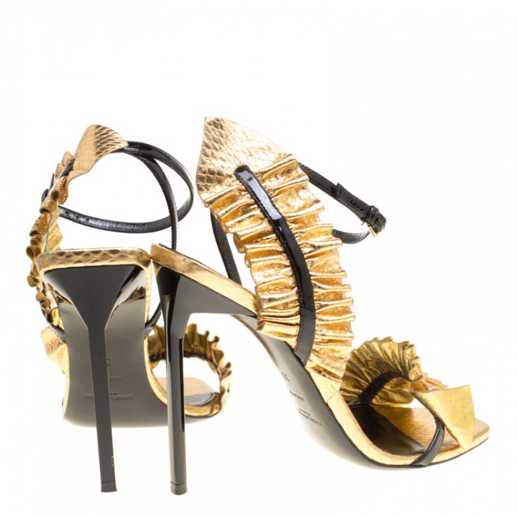 Pre Owned Saint Laurent Paris Metallic Gold Embossed Python Leather Edie Ruffle Detail Ankle Strap Sandals Size 38