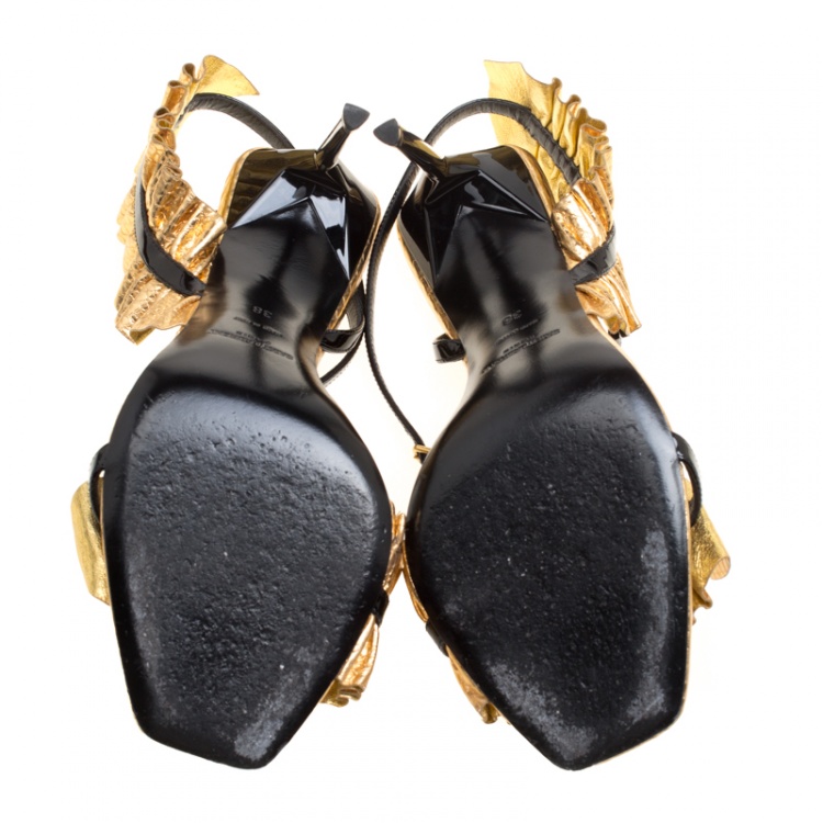 Pre Owned Saint Laurent Paris Metallic Gold Embossed Python Leather Edie Ruffle Detail Ankle Strap Sandals Size 38