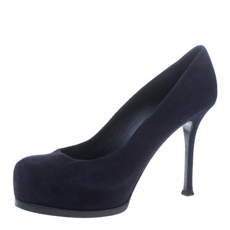 Pre Owned Saint Laurent Paris Oxford Blue Suede Tribtoo Platform Pumps Size 38