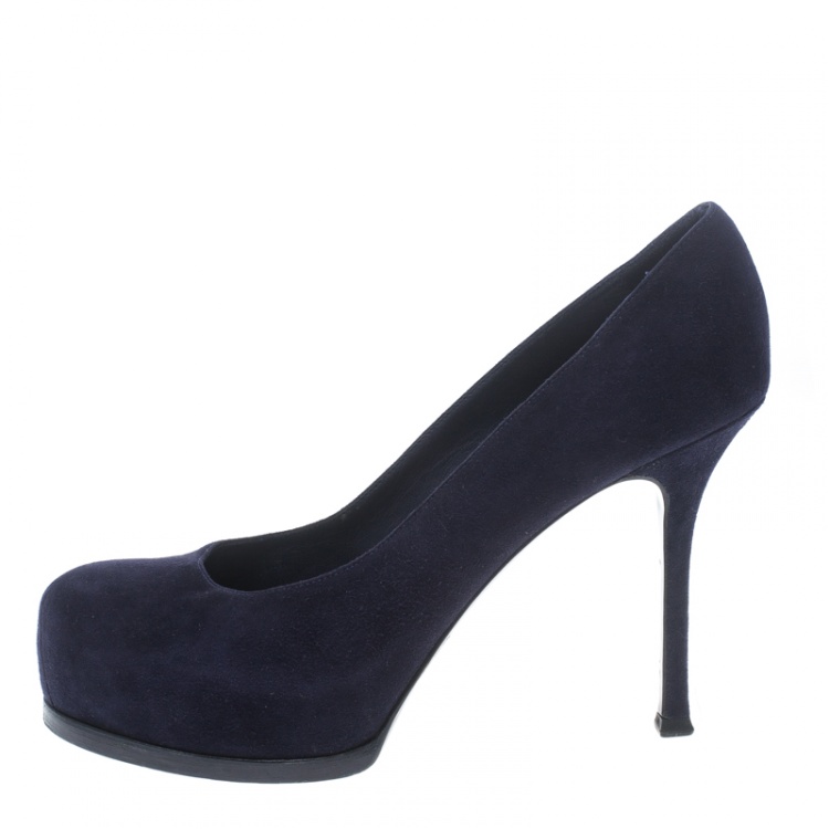 Pre Owned Saint Laurent Paris Oxford Blue Suede Tribtoo Platform Pumps Size 38