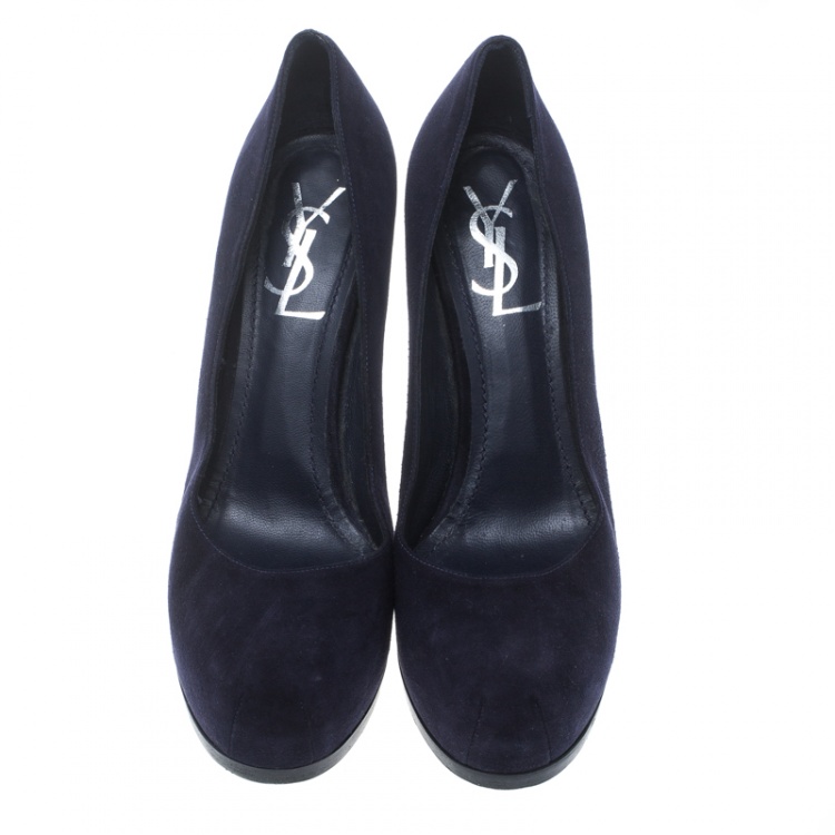 Pre Owned Saint Laurent Paris Oxford Blue Suede Tribtoo Platform Pumps Size 38