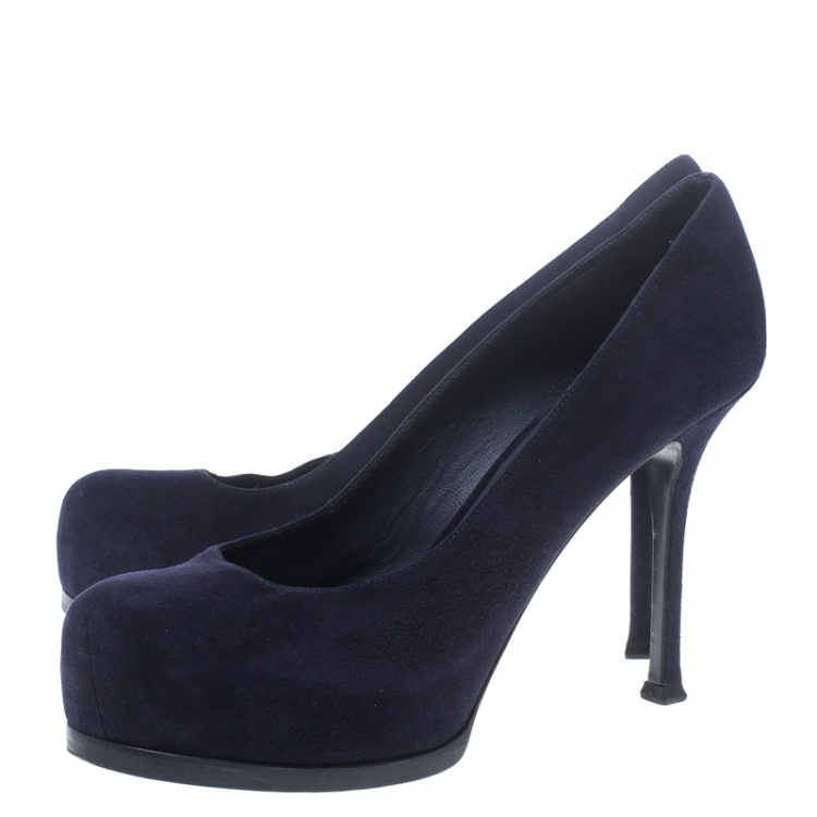 Pre Owned Saint Laurent Paris Oxford Blue Suede Tribtoo Platform Pumps Size 38