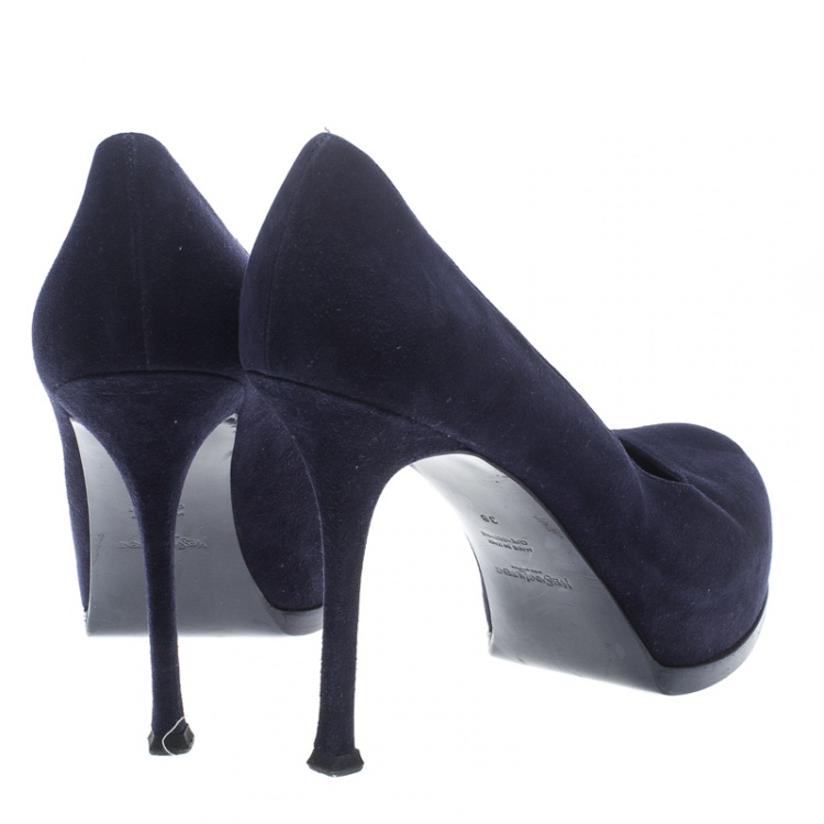 Pre Owned Saint Laurent Paris Oxford Blue Suede Tribtoo Platform Pumps Size 38
