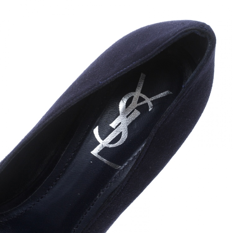 Pre Owned Saint Laurent Paris Oxford Blue Suede Tribtoo Platform Pumps Size 38