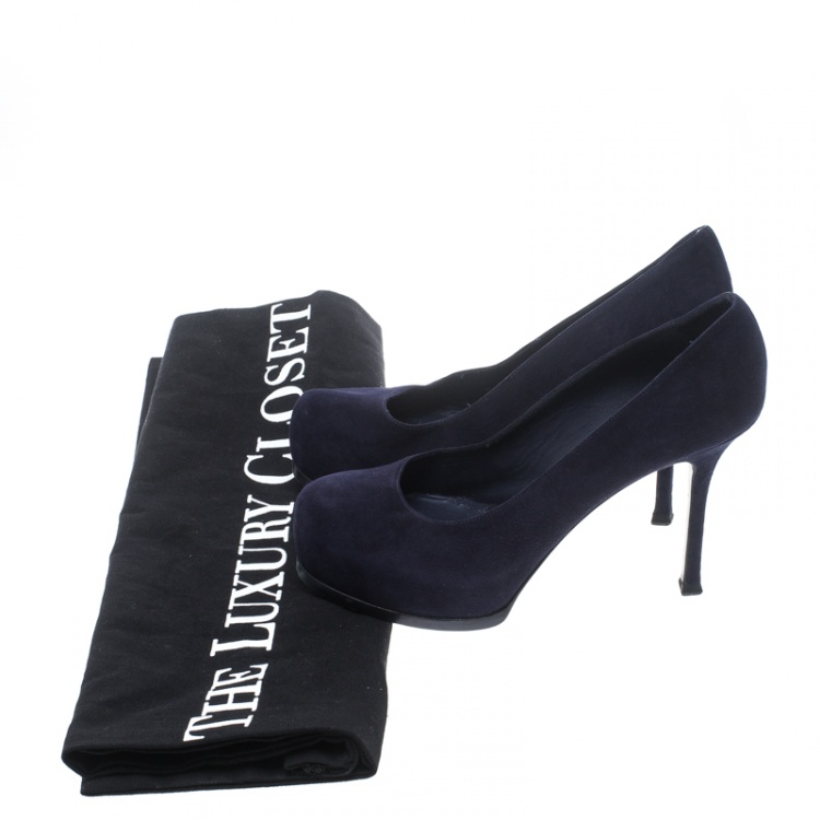 Pre Owned Saint Laurent Paris Oxford Blue Suede Tribtoo Platform Pumps Size 38