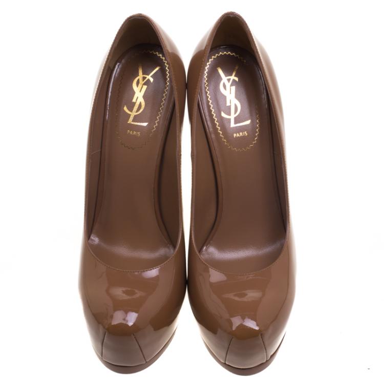 Pre Owned Saint Laurent Paris Brown Patent Leather Tribtoo Platform Pumps Size 38