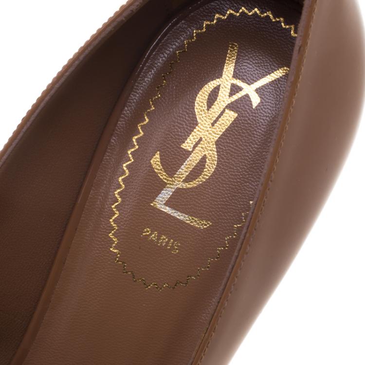 Pre Owned Saint Laurent Paris Brown Patent Leather Tribtoo Platform Pumps Size 38