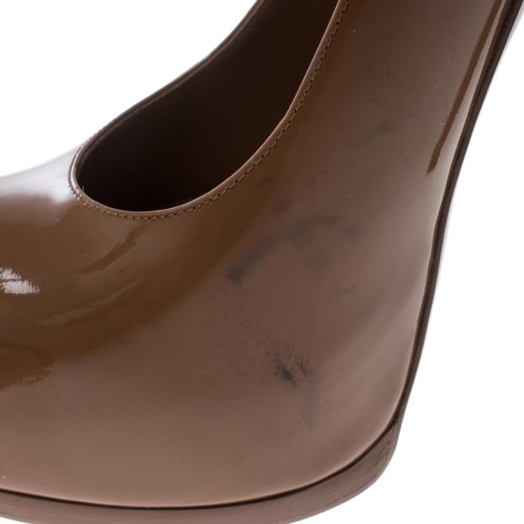 Pre Owned Saint Laurent Paris Brown Patent Leather Tribtoo Platform Pumps Size 38