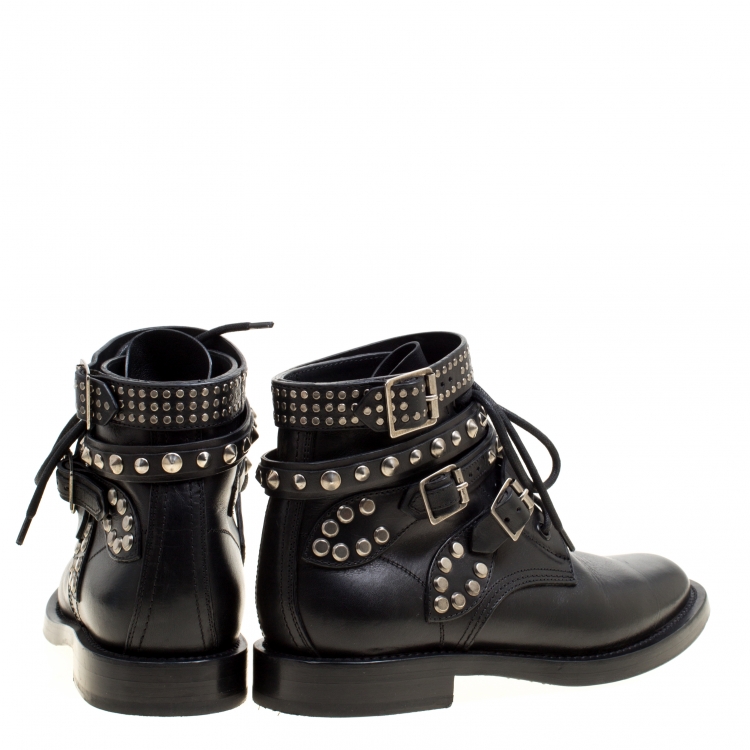 Pre Owned Saint Laurent Paris Black Leather Studded Rangers Ankle Boots Size 36.5