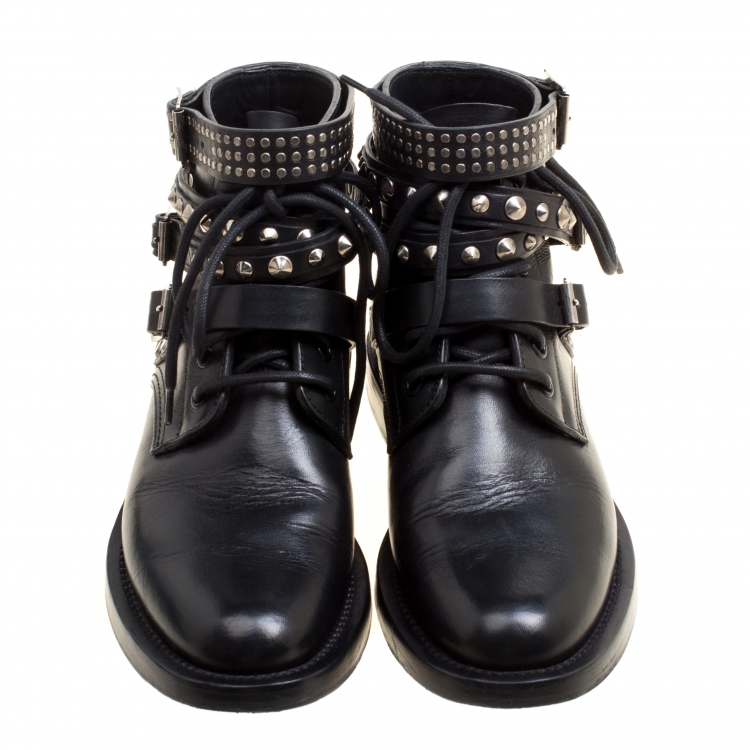 Pre Owned Saint Laurent Paris Black Leather Studded Rangers Ankle Boots Size 36.5