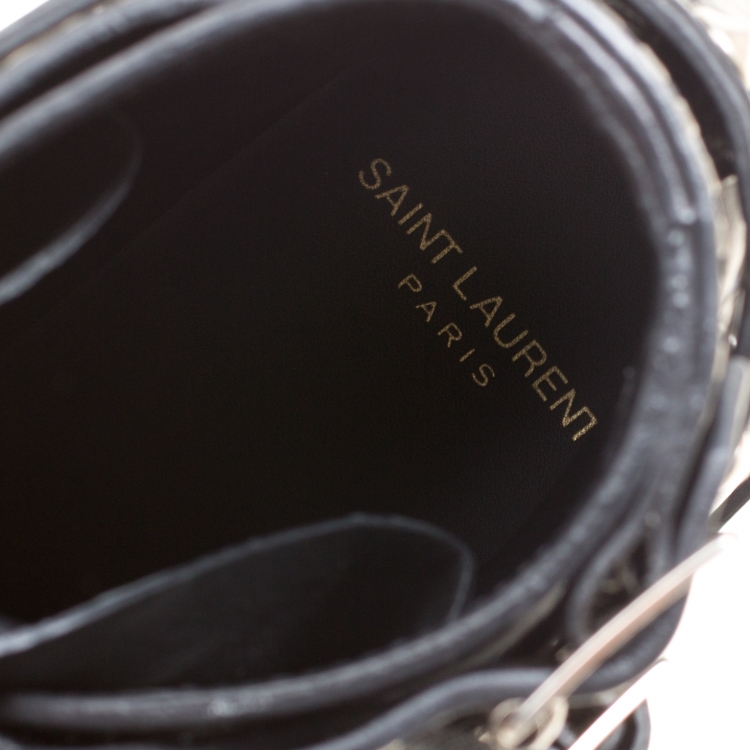 Pre Owned Saint Laurent Paris Black Leather Studded Rangers Ankle Boots Size 36.5