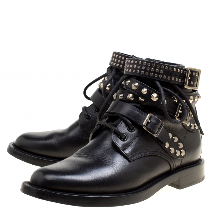 Pre Owned Saint Laurent Paris Black Leather Studded Rangers Ankle Boots Size 36.5