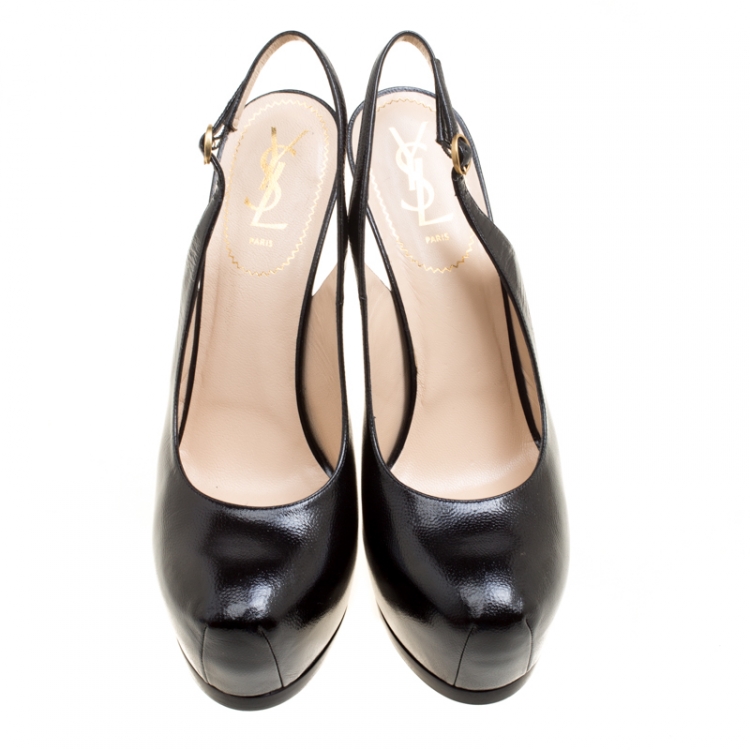 Pre Owned Saint Laurent Paris Black Leather Tribtoo Slingback Platform Sandals Size 41