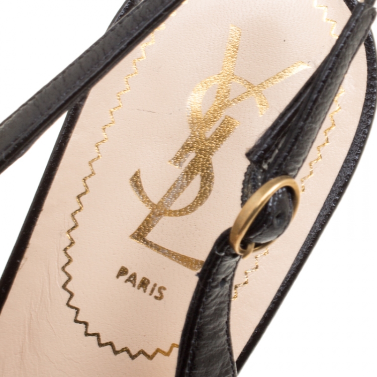 Pre Owned Saint Laurent Paris Black Leather Tribtoo Slingback Platform Sandals Size 41