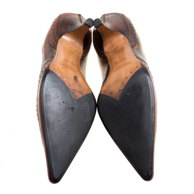 Pre Owned Saint Laurent Paris Brown Brogue Leather Wingtip Detail Pointed Toe Pumps Size 37