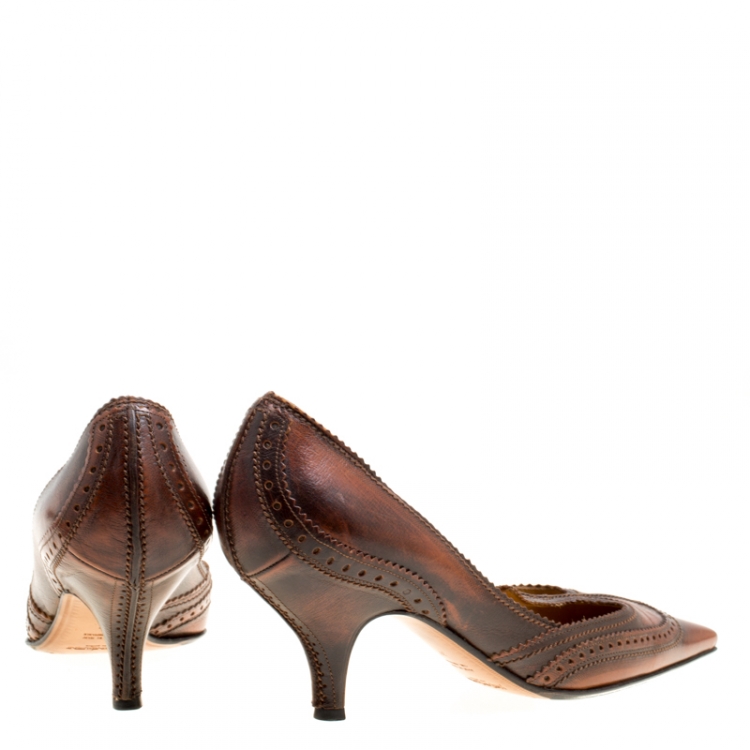 Pre Owned Saint Laurent Paris Brown Brogue Leather Wingtip Detail Pointed Toe Pumps Size 37