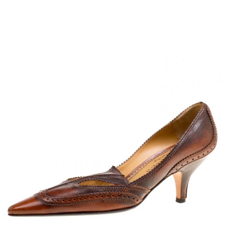 Pre Owned Saint Laurent Paris Brown Brogue Leather Wingtip Detail Pointed Toe Pumps Size 37