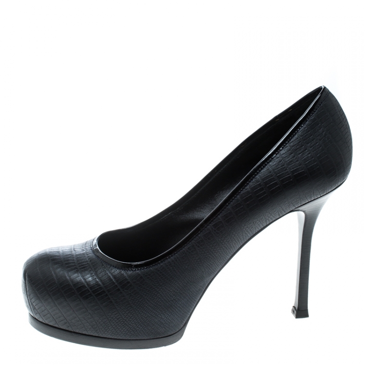 Pre Owned Saint Laurent Paris Black Lizard Embossed Leather Tribtoo Platform Pumps Size 38