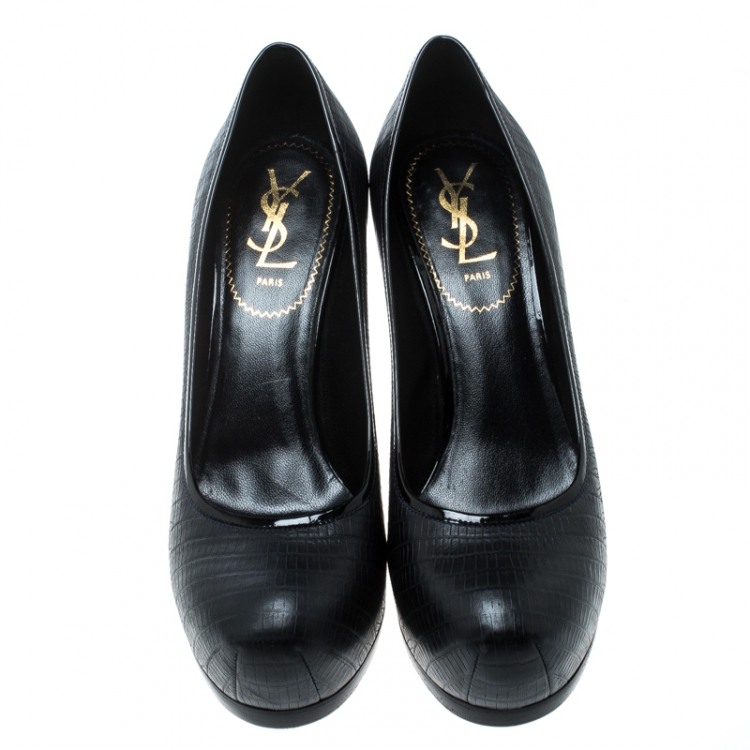 Pre Owned Saint Laurent Paris Black Lizard Embossed Leather Tribtoo Platform Pumps Size 38