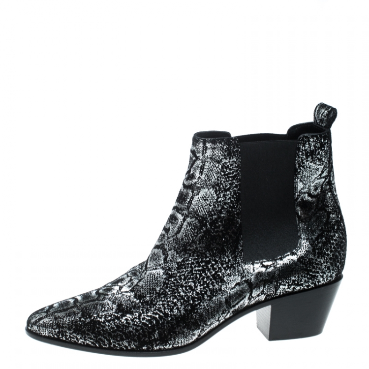 Pre Owned Saint Laurent Paris Black/Sliver Suede Ankle Boots Size 39