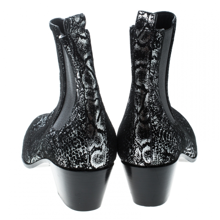 Pre Owned Saint Laurent Paris Black/Sliver Suede Ankle Boots Size 39