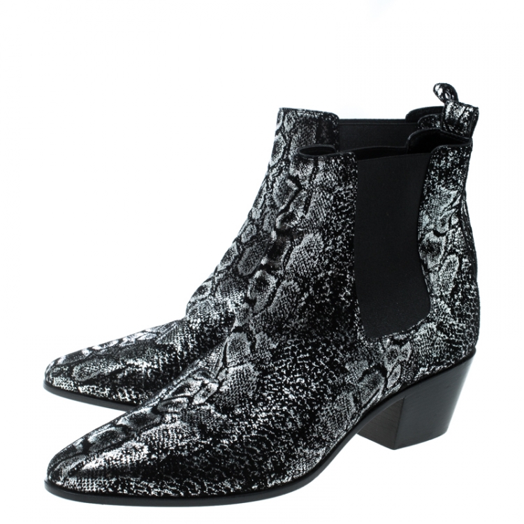 Pre Owned Saint Laurent Paris Black/Sliver Suede Ankle Boots Size 39
