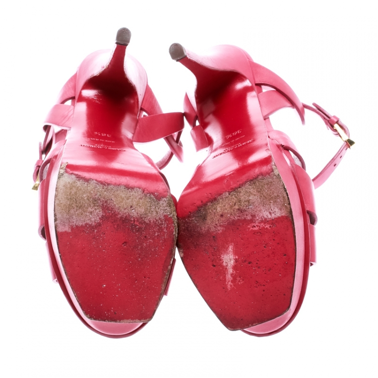 Pre Owned Saint Laurent Paris Pink Leather Tribute Platform Sandals Size 36.5