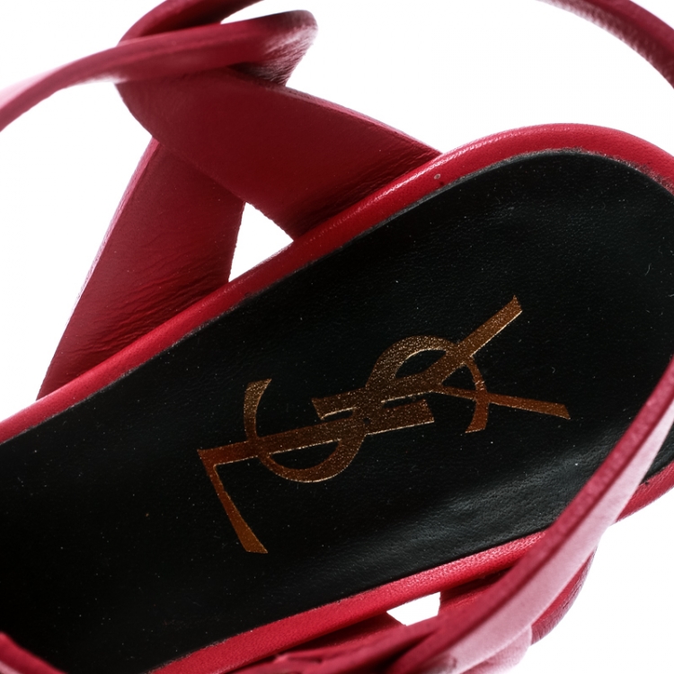 Pre Owned Saint Laurent Paris Pink Leather Tribute Platform Sandals Size 36.5