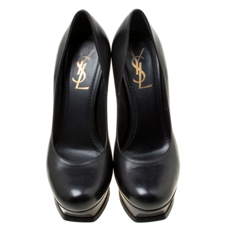 مملوكة مسبقًا Saint Laurent Paris Black Leather Tribute Platform Pumps Size 37.5