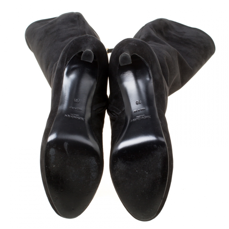 Pre Owned Saint Laurent Paris Black Shimmering Suede Knee Length Platform Boots Size 38