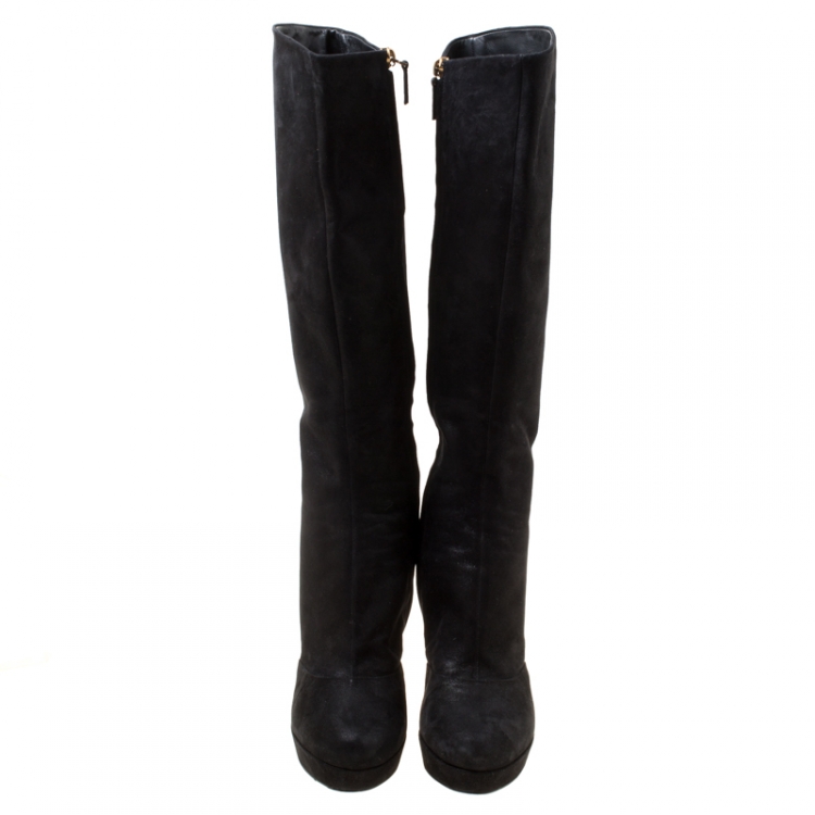 Pre Owned Saint Laurent Paris Black Shimmering Suede Knee Length Platform Boots Size 38