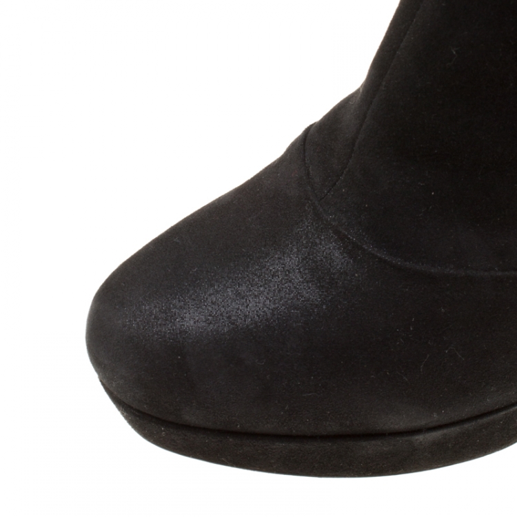 Pre Owned Saint Laurent Paris Black Shimmering Suede Knee Length Platform Boots Size 38