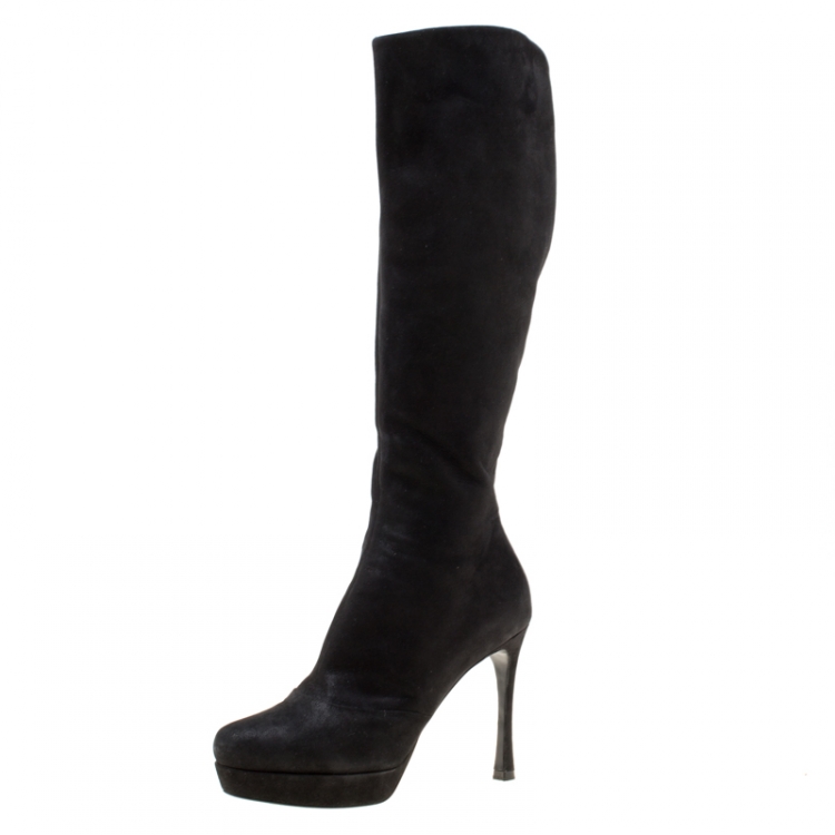Pre Owned Saint Laurent Paris Black Shimmering Suede Knee Length Platform Boots Size 38