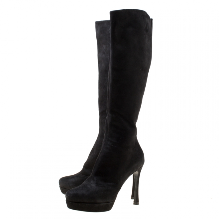 Pre Owned Saint Laurent Paris Black Shimmering Suede Knee Length Platform Boots Size 38