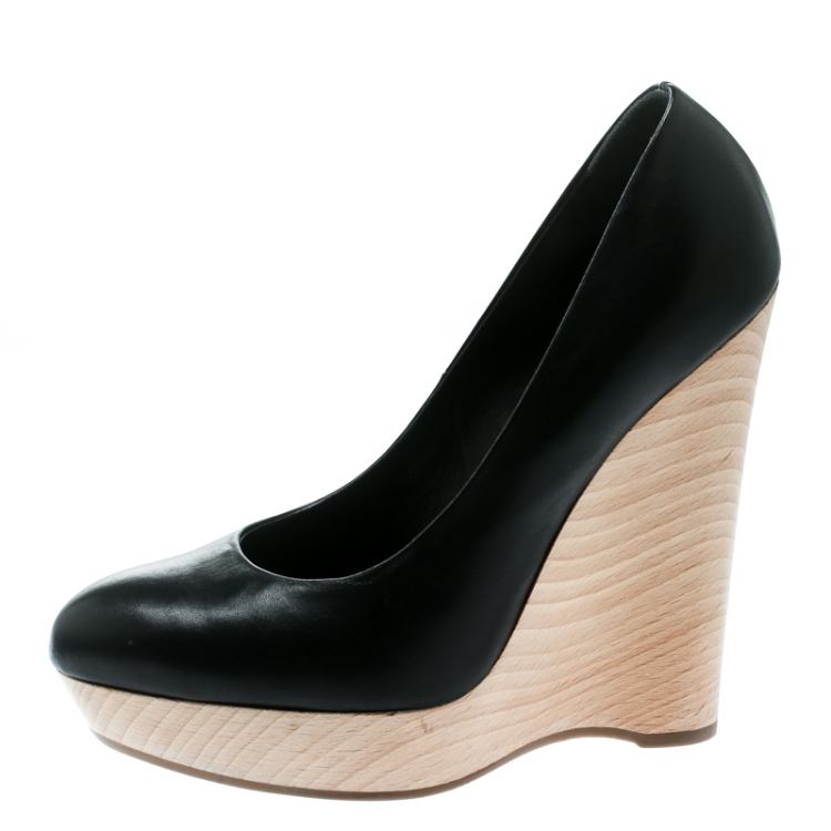 Pre Owned Saint Laurent Paris Black Leather Maryna Wedge Pumps Size 37
