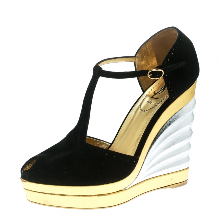 Pre Owned Saint Laurent Paris Black Suede Peep Toe Wedge Platform Sandals Size 39.5