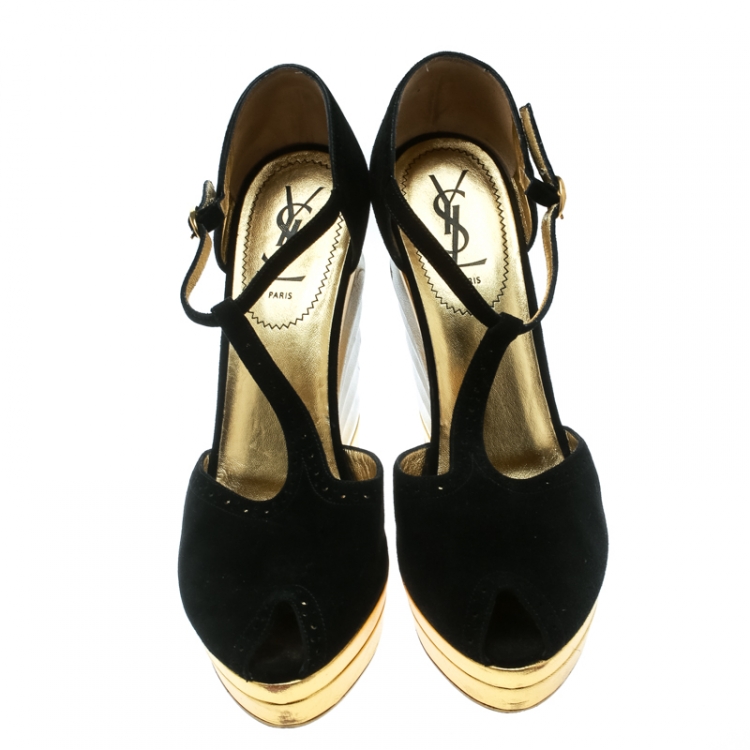 Pre Owned Saint Laurent Paris Black Suede Peep Toe Wedge Platform Sandals Size 39.5